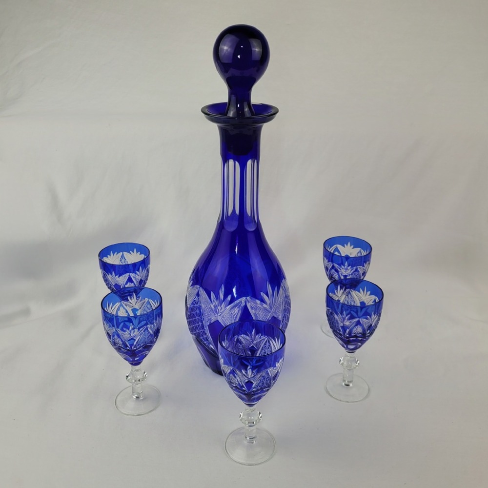 Vintage Bohemian Cobalt Blue Cut to Clear Crystal Decanter 5 Cordial Glasses Set